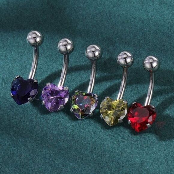 14G 316L Heart Cubic Zirconia Barbell Belly Button Navel Rings - Set of 10 - Picture 2 of 7
